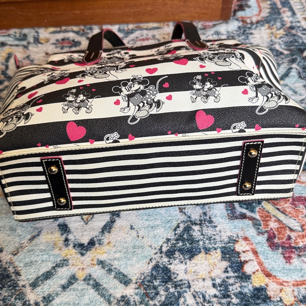 Dooney & Bourke Black & White Stripe Mickey Mouse Tote with Pink Hearts - Picture 8 of 10